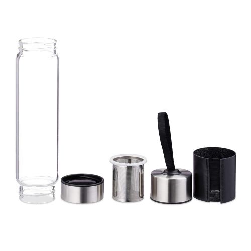  Relaxdays Teeflasche mit Sieb, Wasser, Tee, Smoothies, tragbare Trinkflasche, Glas, Edelstahl, 450 ml, silber/schwarz