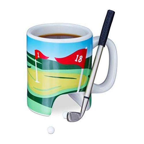  Relaxdays Golftasse mit Schlager, Putter mit Kugelschreiber, 2 Golfballe, lustiges Golfgeschenk, Golf Kaffeetasse, bunt