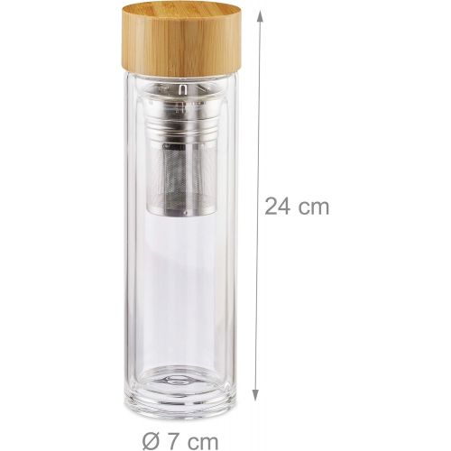  Relaxdays, Natur Teebereiter Bambus 500 ml, Reisen, Glas Teeflasche fuer unterwegs, Camping, doppelwandiger Teezubereiter, Edelstahl, Borosilikatglas, Standard