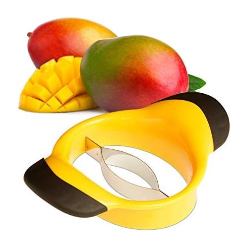  Relaxdays Mangoschneider, Mango teilen & entkernen, rutschfester Griff, Edelstahl-Klinge, Mango Slicer, schwarz-gelb
