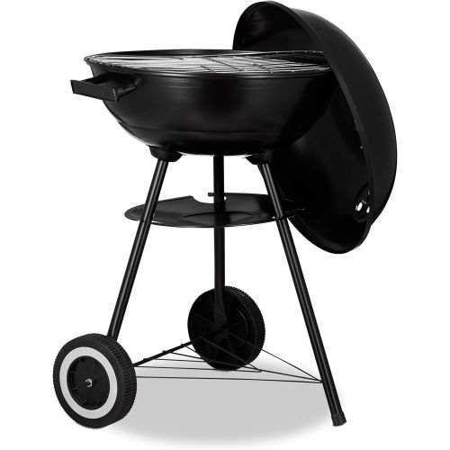  Relaxdays, 6 Personen Kugelgrill, Smoker m. Rader, HxBxT 70 x 46 x 46 cm, schwarz Holzkohlegrill mit Deckel