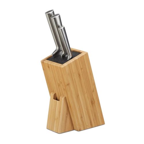  Relaxdays Bambus Messerblock mit Borsteneinsatz, Kuechenblock fuer 6 Messer aller Art, unbestueckter Holzblock, natur