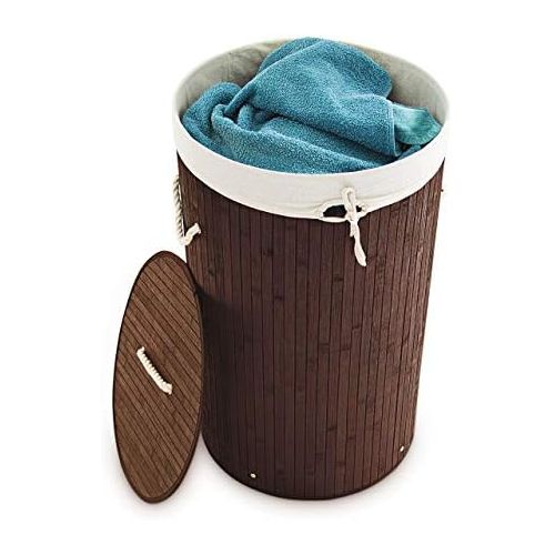  Relaxdays Waschekorb Bambus rund Ø 41 cm, faltbare Waschetruhe, Volumen 80 Liter, Waschesack aus Baumwolle, braun