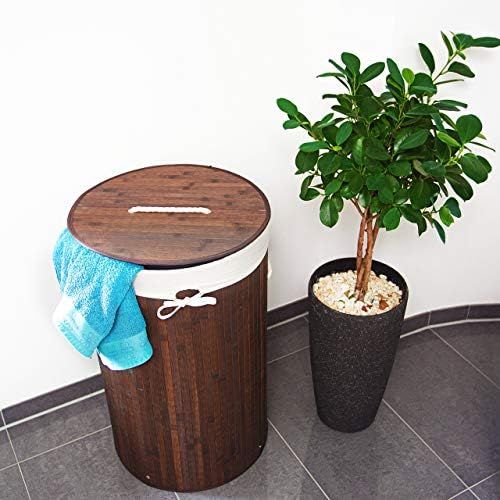  Relaxdays Waschekorb Bambus rund Ø 41 cm, faltbare Waschetruhe, Volumen 80 Liter, Waschesack aus Baumwolle, braun