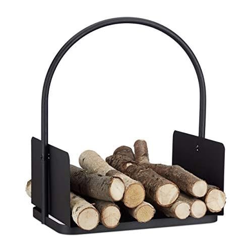  Relaxdays Kaminholzkorb schwarz, Brennholzkorb gross, Holzwiege Kamin, Feuerholzkorb Metall, HxBxT 47 x 40 x 30 cm, black