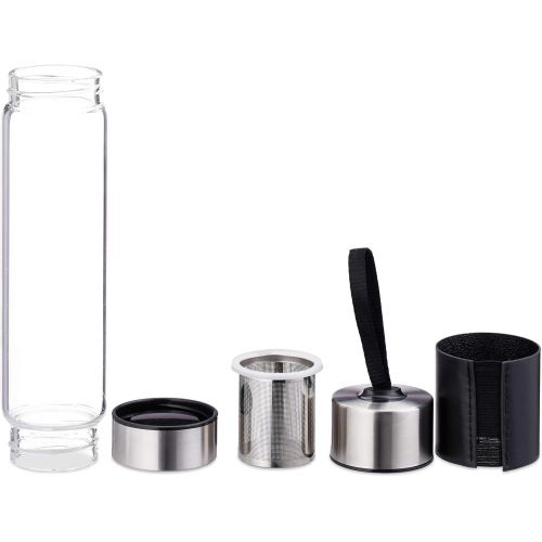  Relaxdays Teeflasche mit Sieb, Wasser, Tee, Smoothies, tragbare Trinkflasche, Glas, Edelstahl, 450 ml, Silber/schwarz