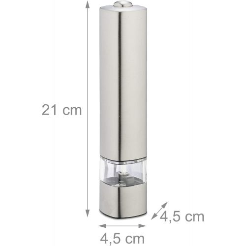  Relaxdays Pfeffermuehlen elektrisch, 2er Set, Edelstahl, Gewuerzmuehlen mit Batterie, Salz & Pfeffer, HxD 21x4,5 cm, silber