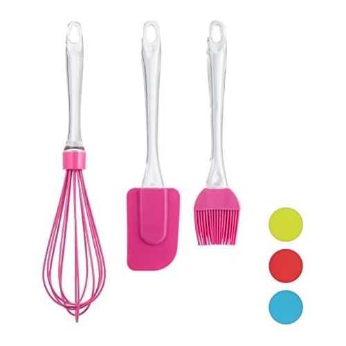  [아마존베스트]Relaxdays Pastry Brush Set, 3-Piece Baking Set with Cooking Brush, Spatula & Whisk, Silicone Baking Accessories, Pink