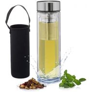 [아마존베스트]Relaxdays Tea Bottle with Strainer 500ml Water Bottle to Go Insulated Neoprene Bag Tea Maker Borosilicate Glass Clear