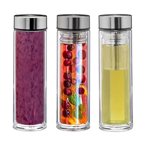  [아마존베스트]Relaxdays Tea Bottle with Strainer 500ml Water Bottle to Go Insulated Neoprene Bag Tea Maker Borosilicate Glass Clear