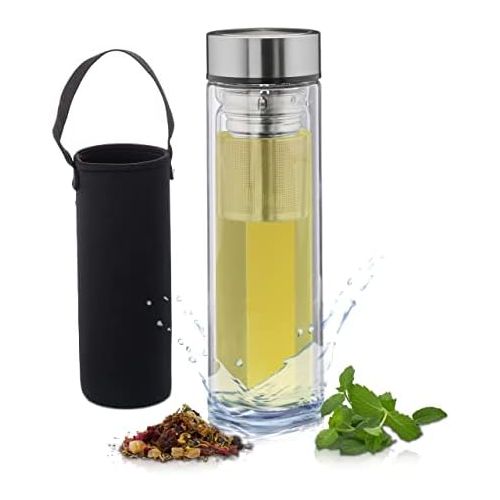  [아마존베스트]Relaxdays Tea Bottle with Strainer 500ml Water Bottle to Go Insulated Neoprene Bag Tea Maker Borosilicate Glass Clear