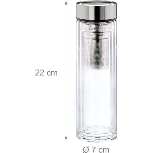  [아마존베스트]Relaxdays Tea Bottle with Strainer 500ml Water Bottle to Go Insulated Neoprene Bag Tea Maker Borosilicate Glass Clear