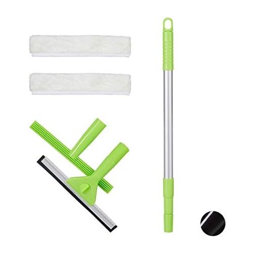  [아마존베스트]Relaxdays Window Cleaning Set, 5-Piece Professional Set, Window Squeegee & Washer, 2 Covers, with Telescopic Rod, Green, H x W x D: 5 x 25 x 66 cm