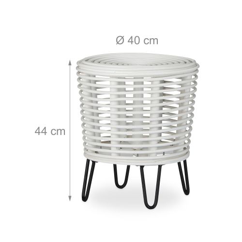  Relaxdays Rattan Foot Stool, Round Ottoman, Hallway Chair 4 Legs, White