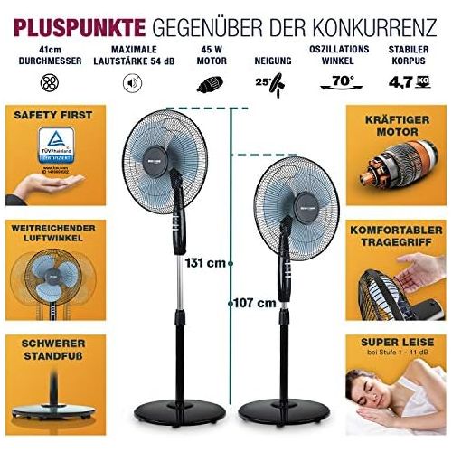  [아마존베스트]RelaxxNow Super Quiet Floor Fan with 45 W Power Motor, Oscillating Fan with 3 Speed Levels, Height Adjustment up to 131 cm, 41 dB Sleep Mode and 41 cm Diameter, Model VTX 100