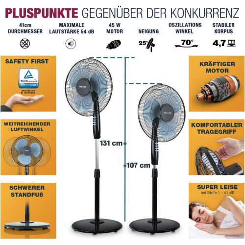  [아마존베스트]RelaxxNow Super Quiet Floor Fan with 45 W Power Motor, Oscillating Fan with 3 Speed Levels, Height Adjustment up to 131 cm, 41 dB Sleep Mode and 41 cm Diameter, Model VTX 100