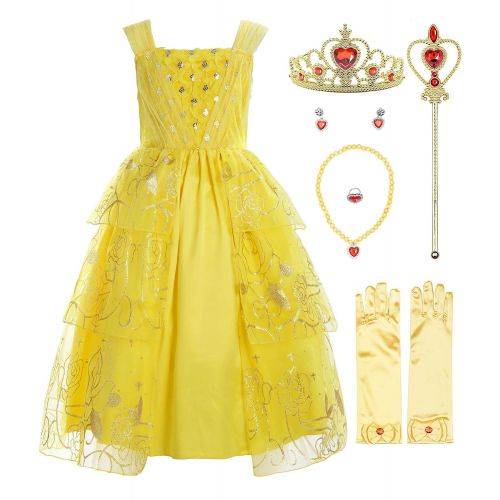  ReliBeauty Girls Sleeveless Sequin Princess Belle Costume Dress up