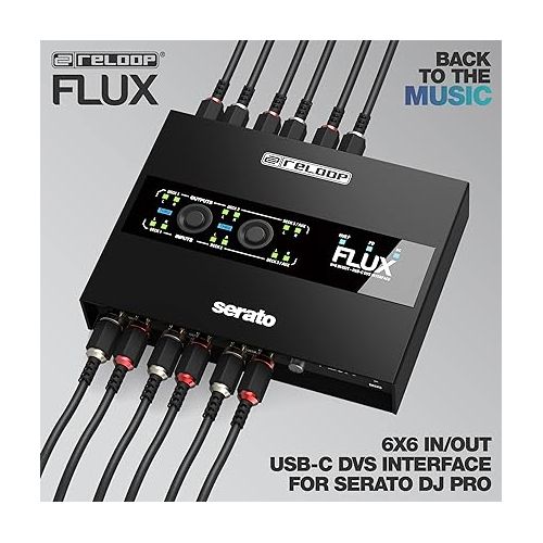  Reloop Flux 6x6 In/Out USB-C DVS Flexible, Robust, and Roadworthy Interface for Serato DJ Pro with USB Cables and Extended Edge Design (Black)