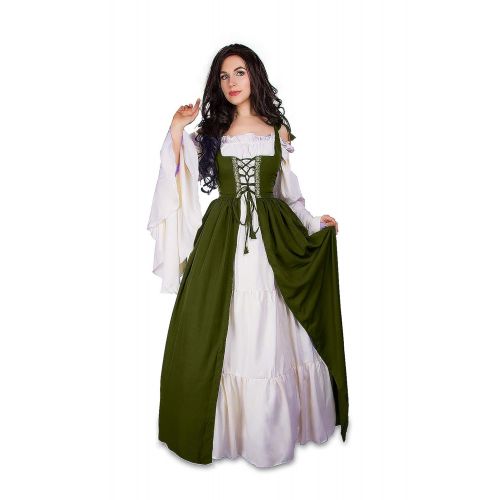  Reminisce Mythic Renaissance Medieval Irish Costume Over Dress & Cream Chemise Set (S/M, Olive Green/White)