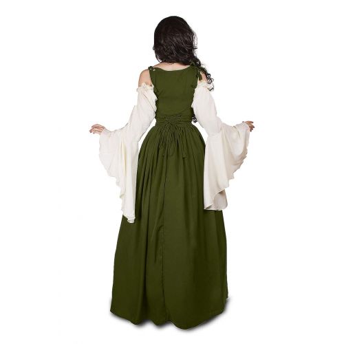  Reminisce Mythic Renaissance Medieval Irish Costume Over Dress & Cream Chemise Set (S/M, Olive Green/White)