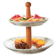 Ren Handcraft 2 Tier Ceramic Wedding Cake Dessert Stand with Wood 10 inch Beautiful Rustic Dessert Plate