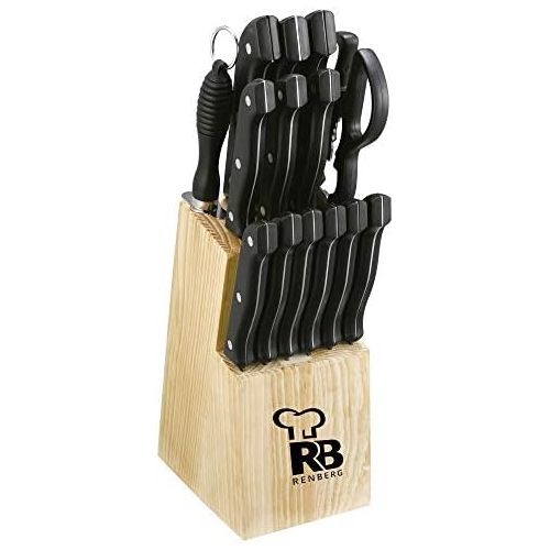  [아마존베스트]Renberg Black handles wood block 1,2 - 1,5 mm thick stainless steel knife block 15tlg. RB-2528
