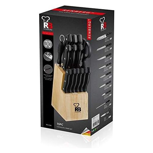  [아마존베스트]Renberg Black handles wood block 1,2 - 1,5 mm thick stainless steel knife block 15tlg. RB-2528