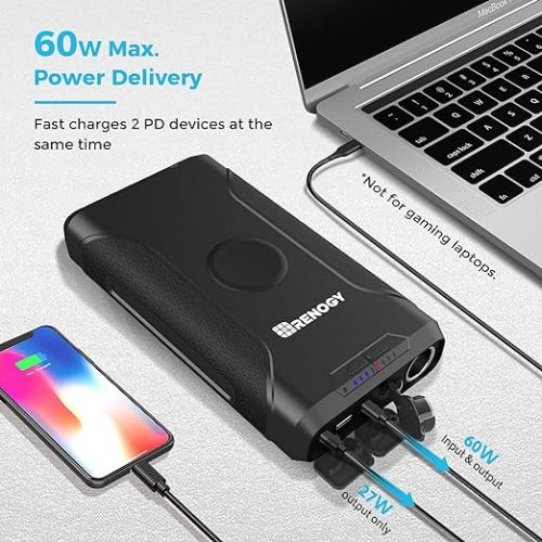  Renogy 72000mAh 266Wh 12v Power Bank with 60W PD, CPAP Battery for Camping, High Capacity Large Camping Power Bank with USB-C DC Wireless Charging & Flashlight, CPAP Battery Backup Power Supply