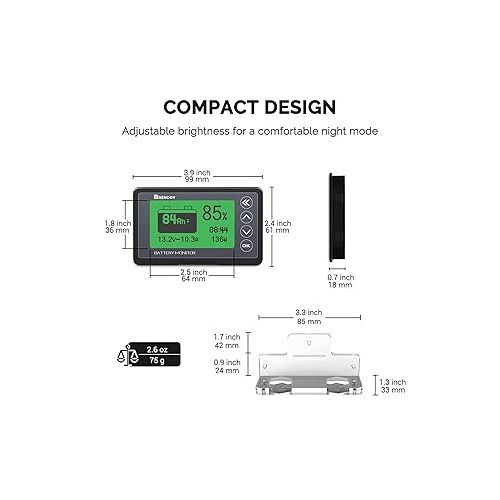  Renogy 500A Battery Monitor with Shunt, High and Low Voltage Programmable Alarm, Range 10V-120V up to 500A, 20ft Shielded Cable, Compatible 12V Lithium Sealed, Gel, Flooded Batteries,Black