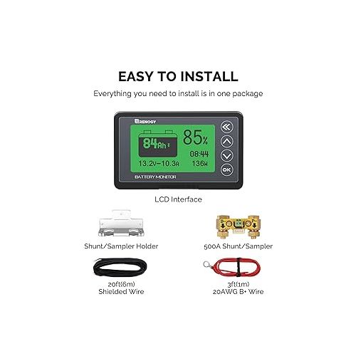  Renogy 500A Battery Monitor with Shunt, High and Low Voltage Programmable Alarm, Range 10V-120V up to 500A, 20ft Shielded Cable, Compatible 12V Lithium Sealed, Gel, Flooded Batteries,Black