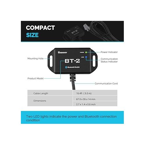  Renogy BT-2 Bluetooth Module RJ45 Communication Port Wirelessly Monitor Real-time Insight Precise Control, Compatible Solar Charge Controllers, Battery Charger, Inverter, BT-2 RS485
