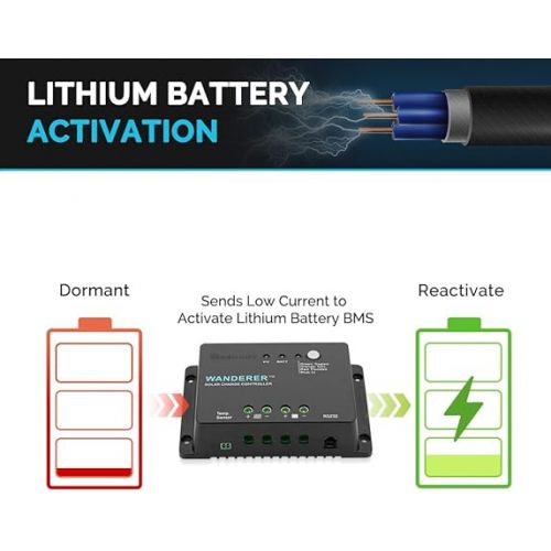  Renogy Wanderer Li 30A 12V PWM Negative Ground Solar Charge Controller Solar Panel Regulator w/ Temp Sensor Function Fit for Lithium, Sealed, Gel, and Flooded Batteries, Wanderer Li 30A