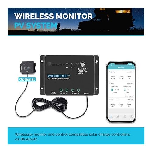  Renogy Wanderer Li 30A 12V PWM Negative Ground Solar Charge Controller Solar Panel Regulator w/ Temp Sensor Function Fit for Lithium, Sealed, Gel, and Flooded Batteries, Wanderer Li 30A