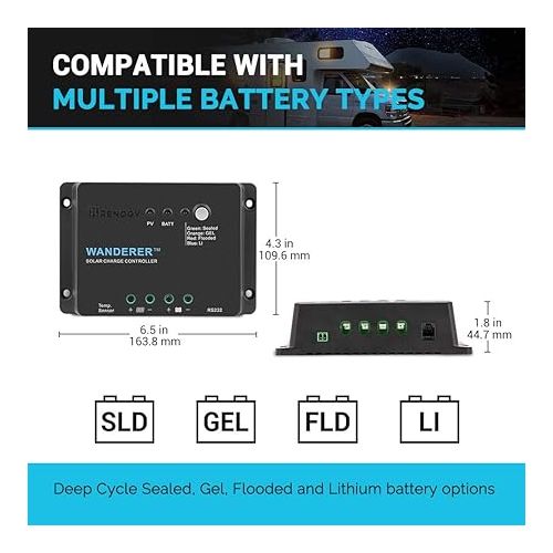  Renogy Wanderer Li 30A 12V PWM Negative Ground Solar Charge Controller Solar Panel Regulator w/ Temp Sensor Function Fit for Lithium, Sealed, Gel, and Flooded Batteries, Wanderer Li 30A