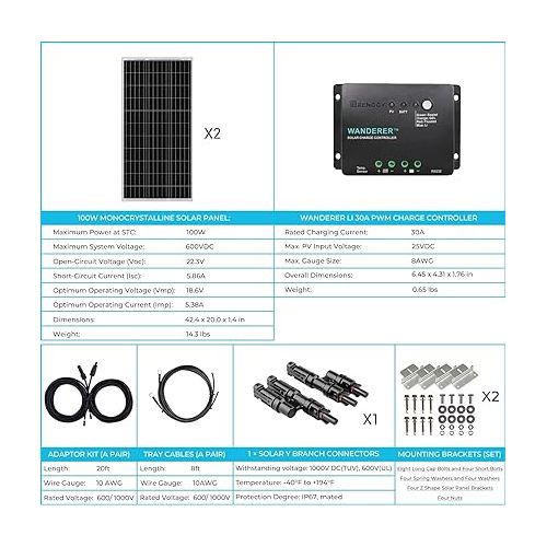  Renogy 200 Watt 12 Volt Monocrystalline Solar Panel Starter Kit with 2 Pcs 100W Solar Panel and 30A PWM Charge Controller for RV, Boats, Trailer, Camper, Marine ,Off-Grid System