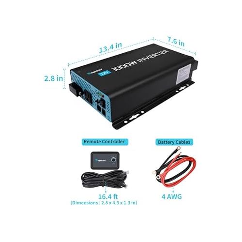  Renogy 1000W Pure Sine Wave Inverter with ECO Mode, 12V DC to AC 120V 110V Converter for Off-Grid Solar System, Home, RV, Solar Power Inverter with Remote Switch, Surge 2000W