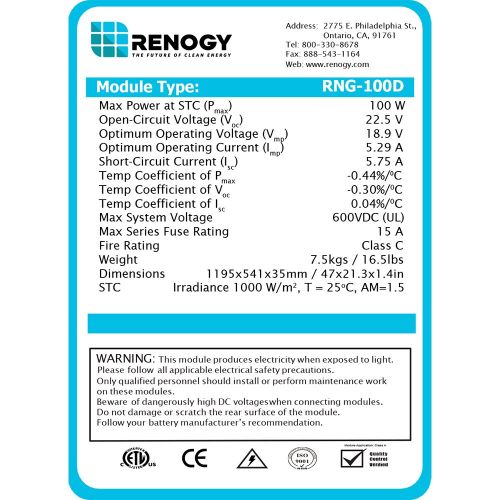  Renogy 100 Watts 12 Volts Monocrystalline Solar Panel