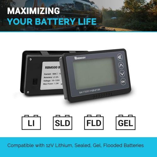  [아마존베스트]Renogy 500A Battery Monitor, High and Low Voltage Programmable Alarm, Voltage Range 10V-120V and up to 500A, Compatible with 12V Lithium Sealed, Gel, Flooded Batteries