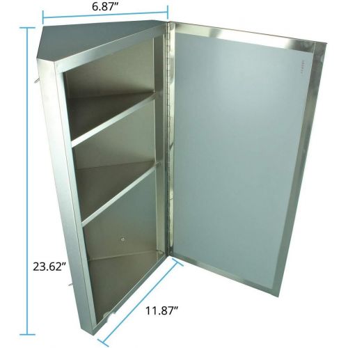  Renovators Supply Corner Medicine Cabinet Stainless Steel Mirrored Door Polished Triple Shelf Wall Mount Rustproof,Silver