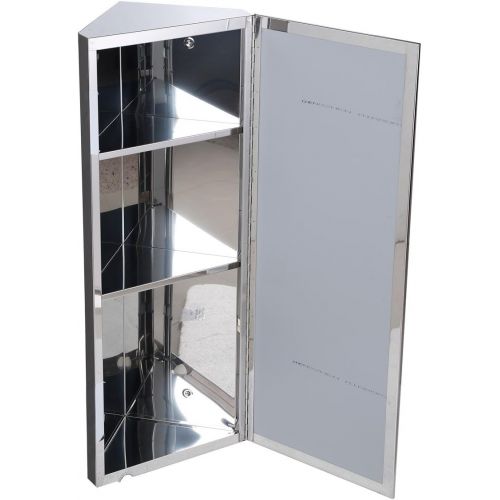  Renovators Supply Corner Medicine Cabinet Polished Stainless Steel Mirror Door Three Shelves Removable Middle Shelf