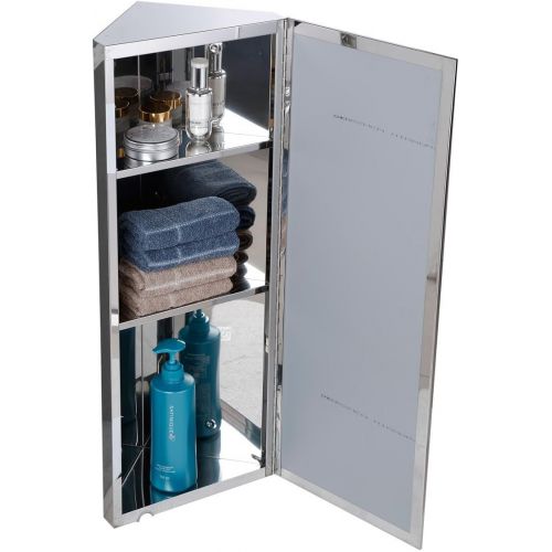  Renovators Supply Corner Medicine Cabinet Polished Stainless Steel Mirror Door Three Shelves Removable Middle Shelf