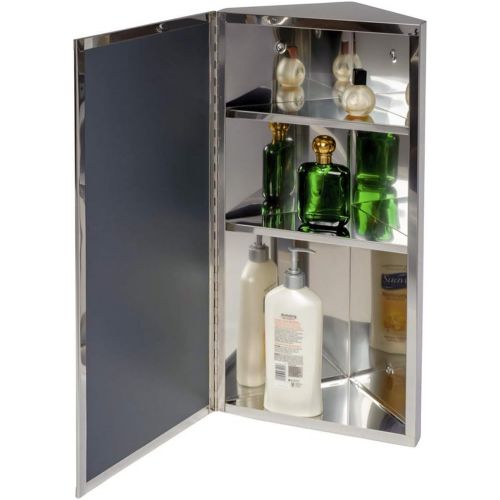  Renovators Supply Corner Medicine Cabinet Polished Stainless Steel Mirror Door Three Shelves Removable Middle Shelf
