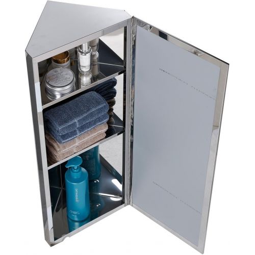  Renovators Supply Corner Medicine Cabinet Polished Stainless Steel Mirror Door Three Shelves Removable Middle Shelf