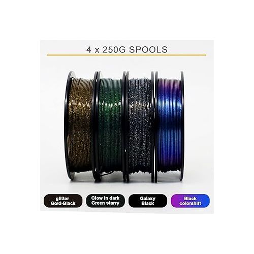  RepRapper PLA Filament, Glitter Multicolor Mixed 250g*4 Sample Pack, Glow in The Dark Sparkle Laser Series 3D Printer Filament, Shiny Galaxy PLA Filament 1.75mm for 3D Printer, 250g*4 Pack