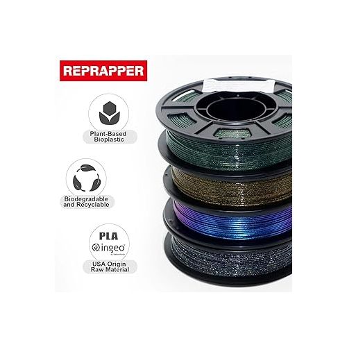  RepRapper PLA Filament, Glitter Multicolor Mixed 250g*4 Sample Pack, Glow in The Dark Sparkle Laser Series 3D Printer Filament, Shiny Galaxy PLA Filament 1.75mm for 3D Printer, 250g*4 Pack