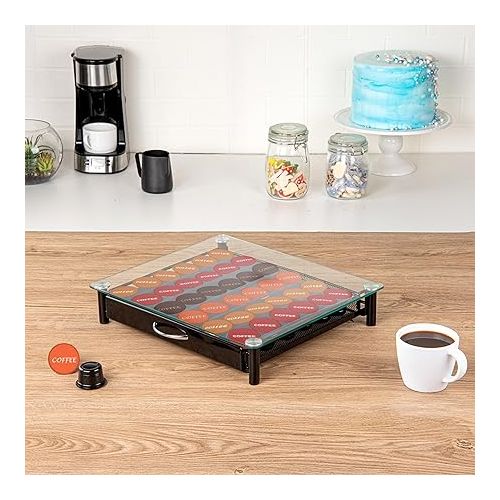  Restaurantware Restpresso 14.4 x 12.3 x 2.8 Inch Coffee Capsule Drawer 1 Heavy-Duty Pod Drawer - Holds 36 Caffitaly Or Lavazza Capsules Glass Top Iron Espresso Pod Organizer Pods Not Included