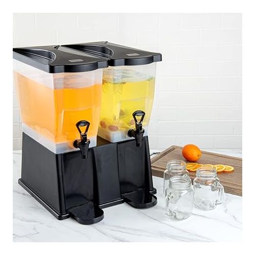  Restaurantware Bev Tek 6 Gallon Drink Dispenser 1 Dishwashable Double Beverage Dispenser - Detachable Tanks Includes Decals Black Plastic Carnival Juice Dispenser With Stand Push-Button Spigots