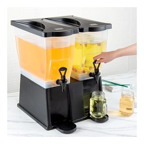  Restaurantware Bev Tek 6 Gallon Drink Dispenser 1 Dishwashable Double Beverage Dispenser - Detachable Tanks Includes Decals Black Plastic Carnival Juice Dispenser With Stand Push-Button Spigots