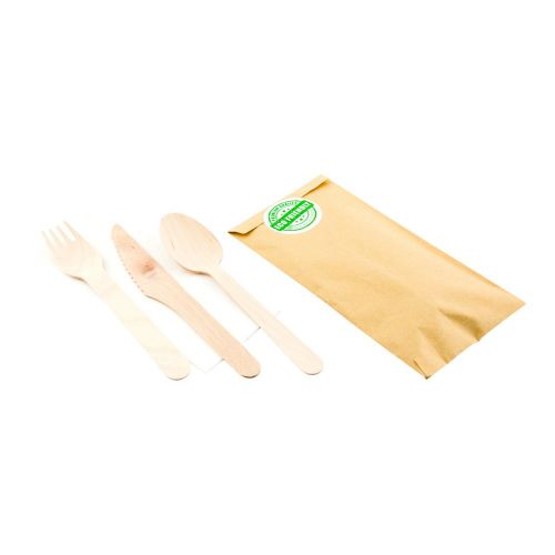  Wood Cutlery Set with Napkin in Pouch - Great For Parties or Catering - Utensil Set - Wooden Fork, Knife, Spoon and Napkin - 100ct Box - Restaurantware