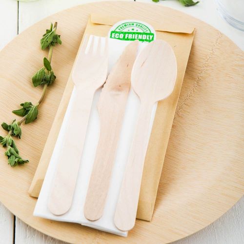  Wood Cutlery Set with Napkin in Pouch - Great For Parties or Catering - Utensil Set - Wooden Fork, Knife, Spoon and Napkin - 100ct Box - Restaurantware